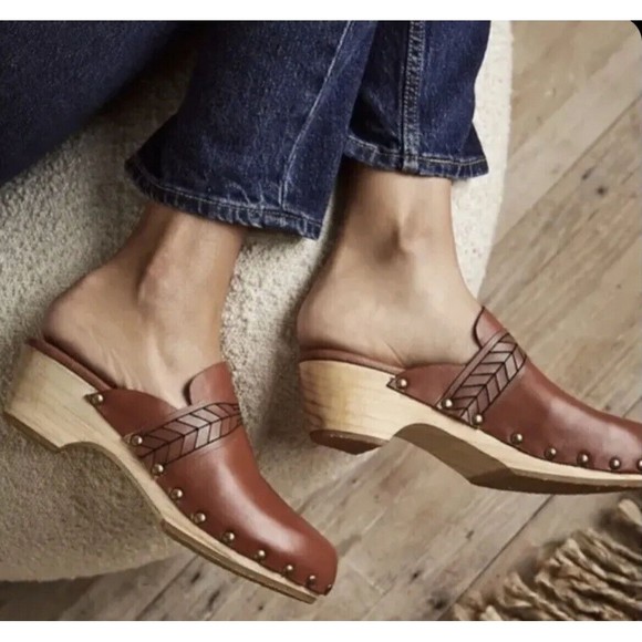 Free People Shoes - Free People Chloe Clogs Brown Leather Wood Base Pattern Band Studs 37.5/6.5- 7
